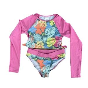 NWT Roxy Rash Guard Bikini Swimsuit Girls 10 Long Sleeve Pink Palm Print UPF 50+